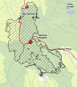 the southern fire, showing back burning lines around Dinner Plain, as at 12 Feb